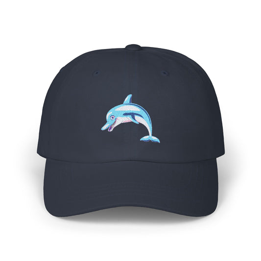 This is a navy colored baseball cap with a blue dolphin on it. 