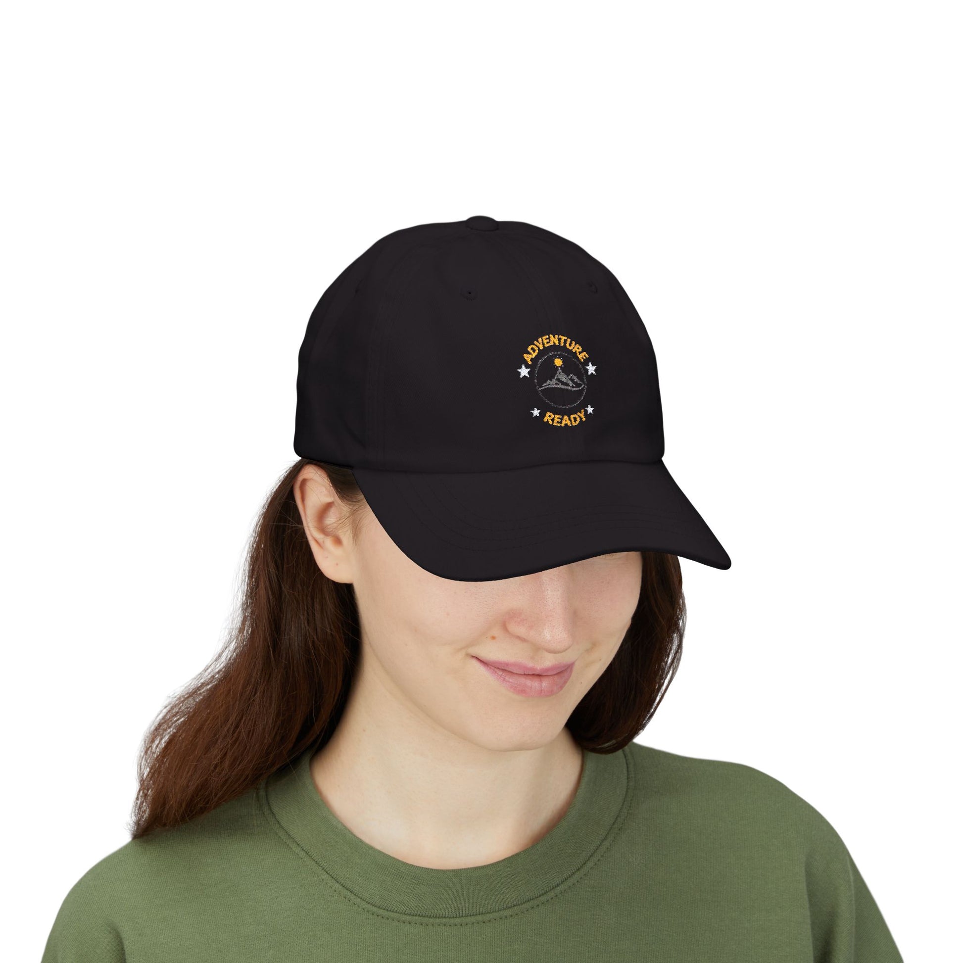 Baseball cap with the text Adventure Ready. It is shown on a girl